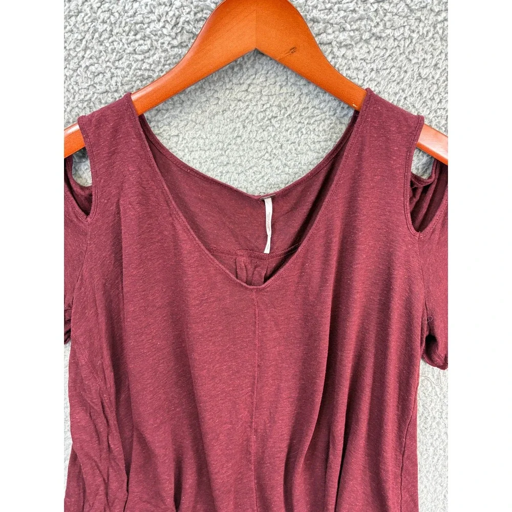 Free People Cold Shoulder Cutout T-Shirt Womens S Burgundy Short Sleeve Boho